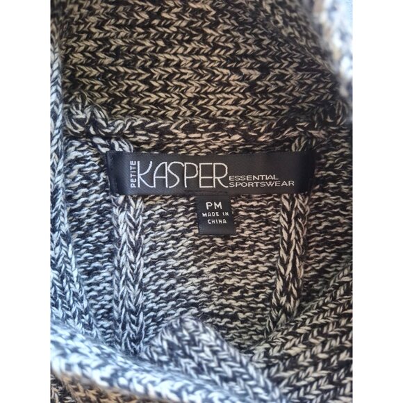 Kasper Cardigan PM Black White Marled Knit Short Sleeve Button Cowl Neck - Picture 3 of 8